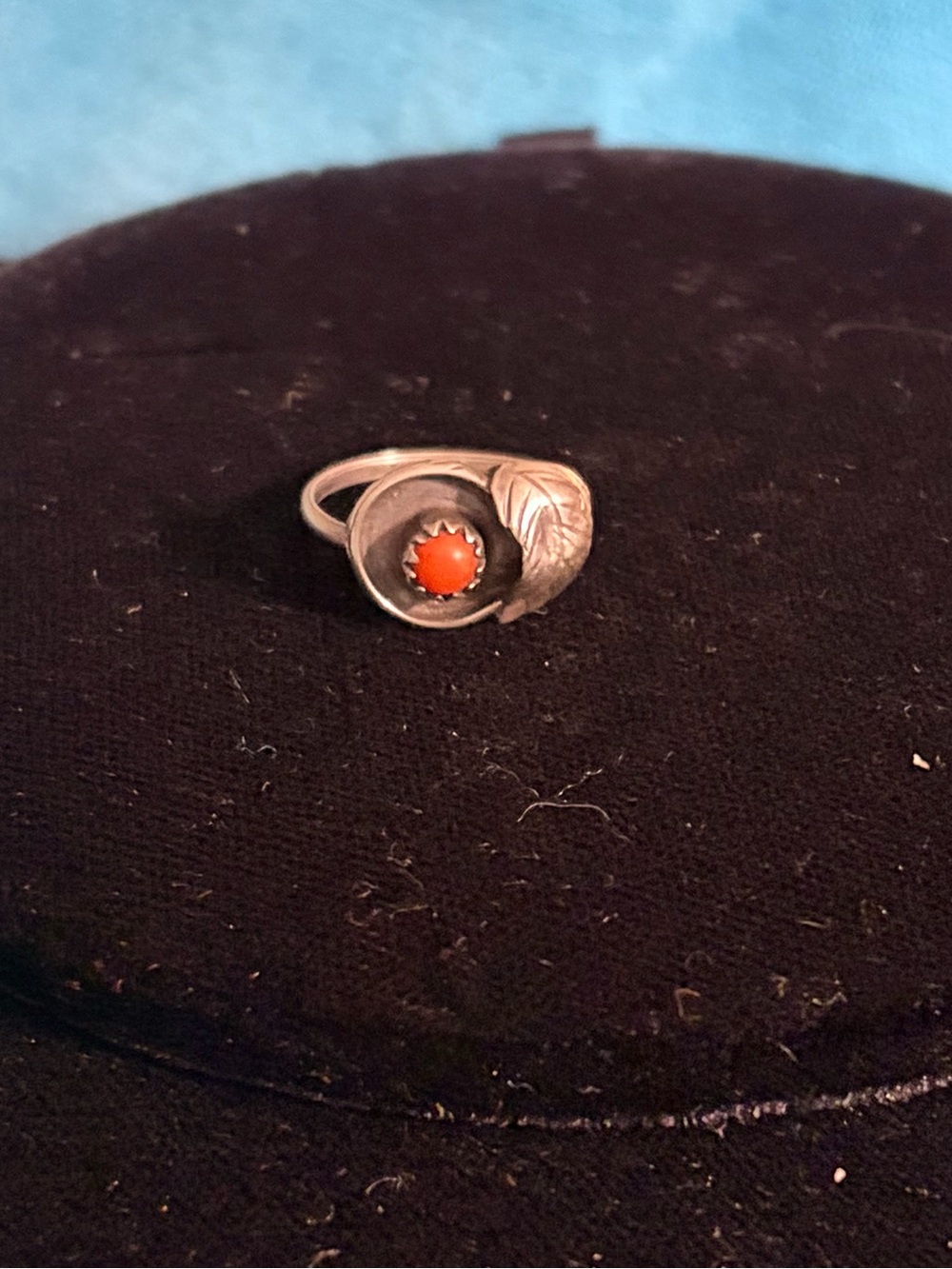 Sterling Silver Red Coral Leaf Native American Ring